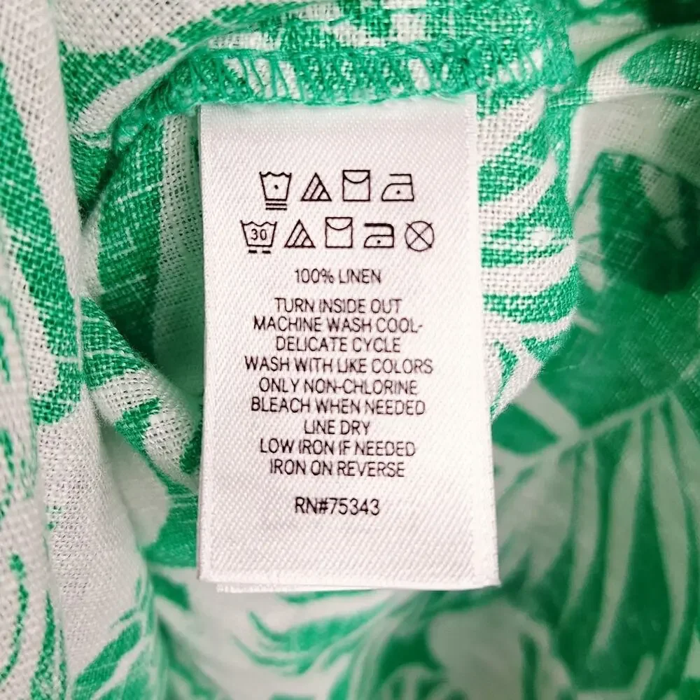 Nicole Miller 100% Linen Tunic Top 1X Pineapple Shells Palm Tropical Beach Green
